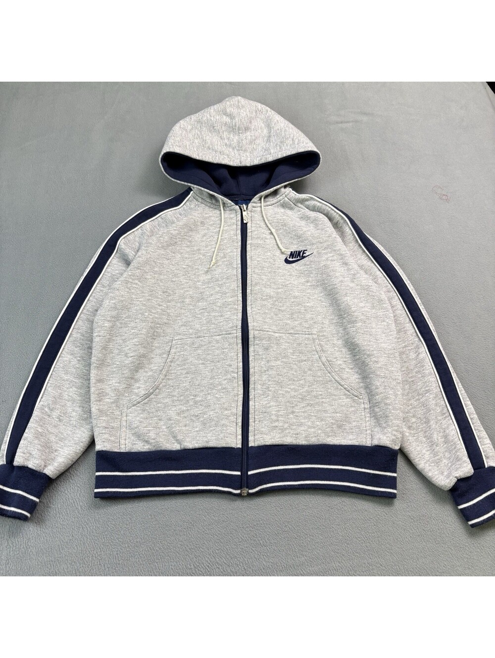 Vintage 70s 80s Striped Nike Zip Up Hoodie Size Medium Gray